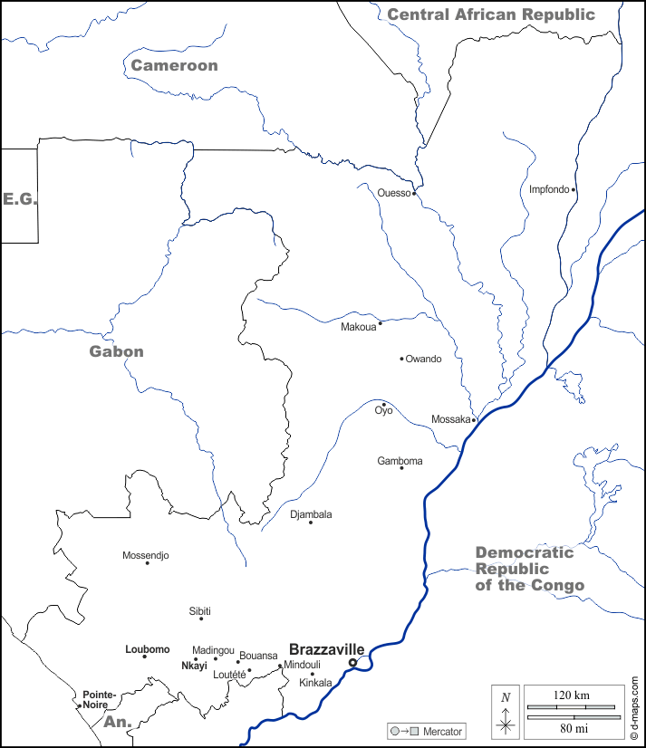 Congo : d-maps.com: mappa gratuita, mappa muta gratuita, cartina muta gratuita : frontiere, idrografia, principali città, nomi, bianco