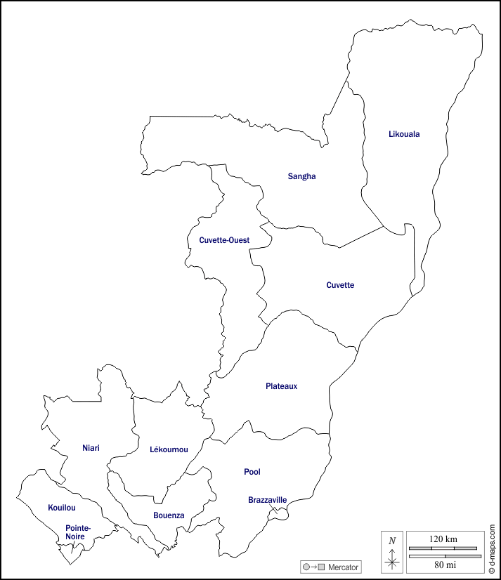 Kongo : d-maps.com: Kostenlose Karten, kostenlose stumme Karte, kostenlose unausgefüllt Landkarte, kostenlose hochauflösende Umrisskarte : Umrisse, Departements, Namen, weiß