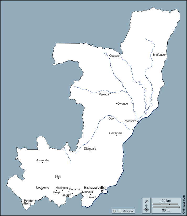 Congo : d-maps.com: mappa gratuita, mappa muta gratuita, cartina muta gratuita : contorni, idrografia, principali città, nomi