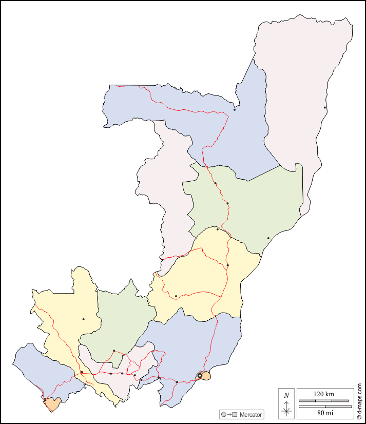 Congo : d-maps.com: mappa gratuita, mappa muta gratuita, cartina muta gratuita : contorni, dipartimenti, principali città, strade, colore, bianco