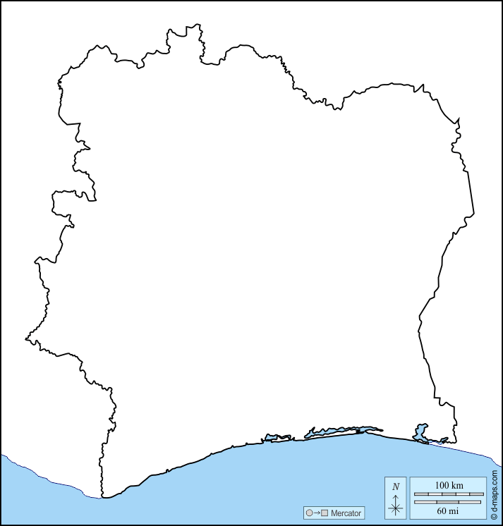 Costa d'Avorio : d-maps.com: mappa gratuita, mappa muta gratuita, cartina muta gratuita : litorali, limiti
