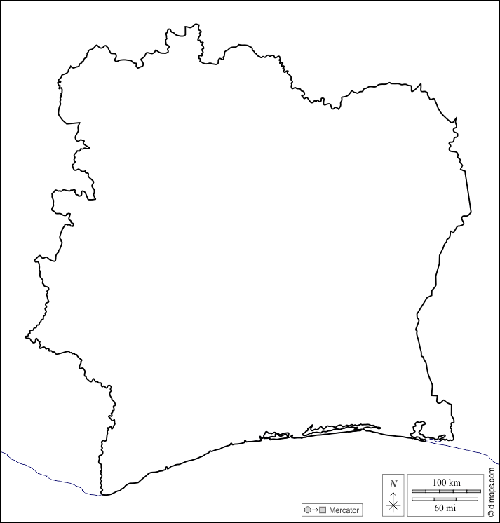 Costa d'Avorio : d-maps.com: mappa gratuita, mappa muta gratuita, cartina muta gratuita : litorali, limiti, bianco