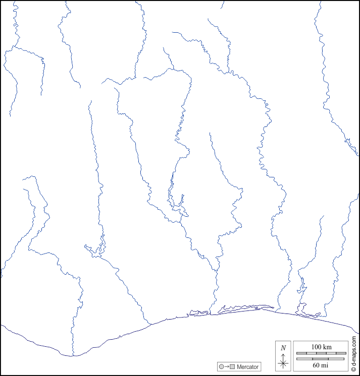 Costa d'Avorio : d-maps.com: mappa gratuita, mappa muta gratuita, cartina muta gratuita : litorali, idrografia, bianco