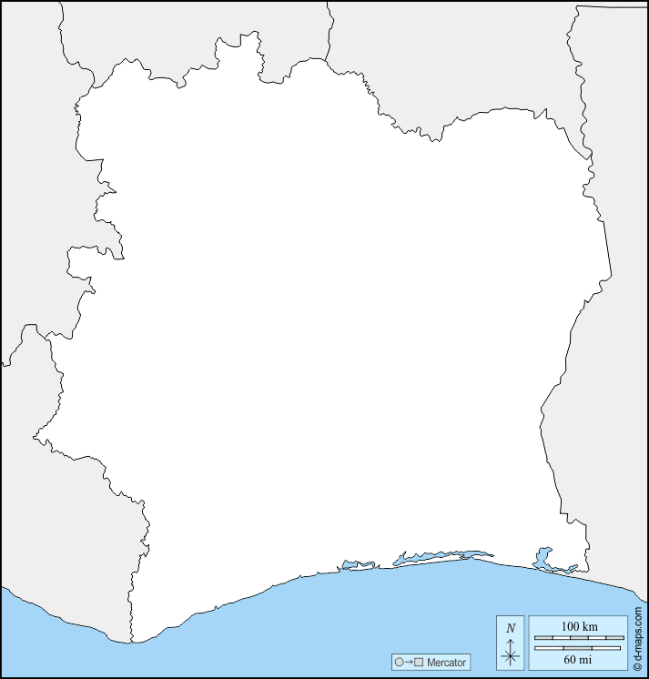 Costa d'Avorio : d-maps.com: mappa gratuita, mappa muta gratuita, cartina muta gratuita : frontiere