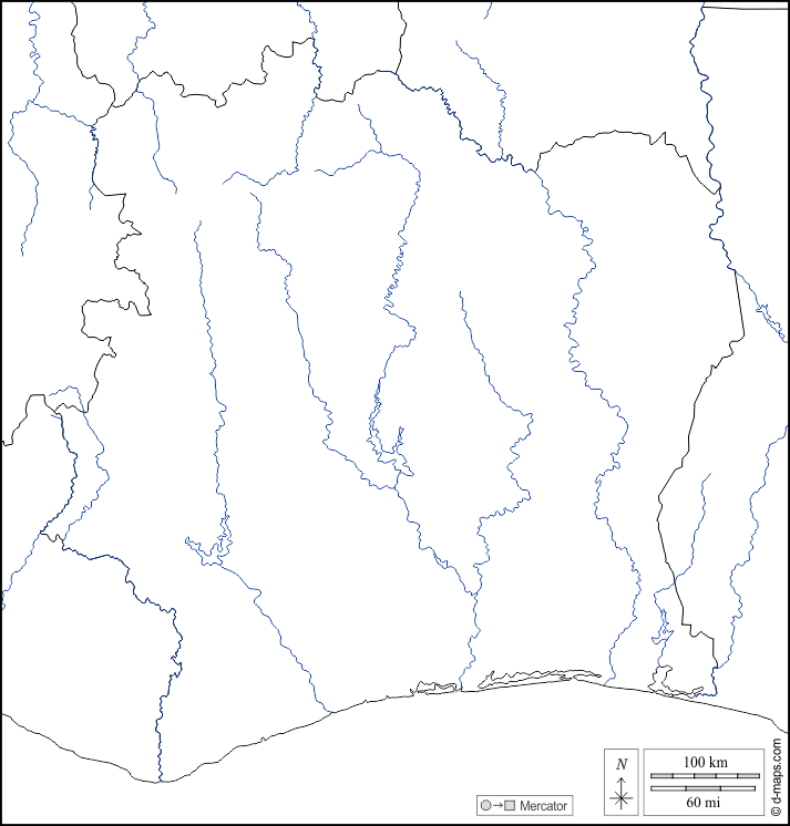 Costa d'Avorio : d-maps.com: mappa gratuita, mappa muta gratuita, cartina muta gratuita : frontiere, idrografia, bianco