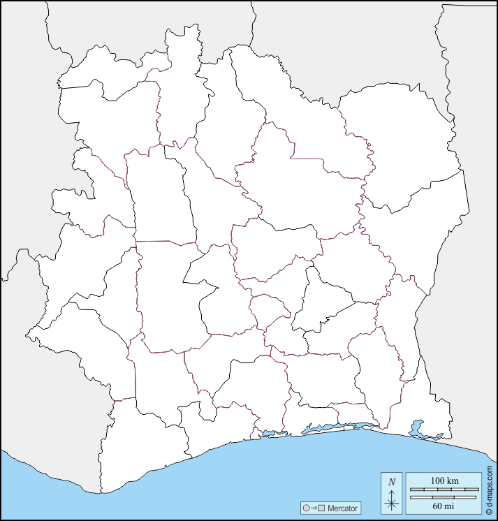 Costa d'Avorio : d-maps.com: mappa gratuita, mappa muta gratuita, cartina muta gratuita : frontiere, regioni