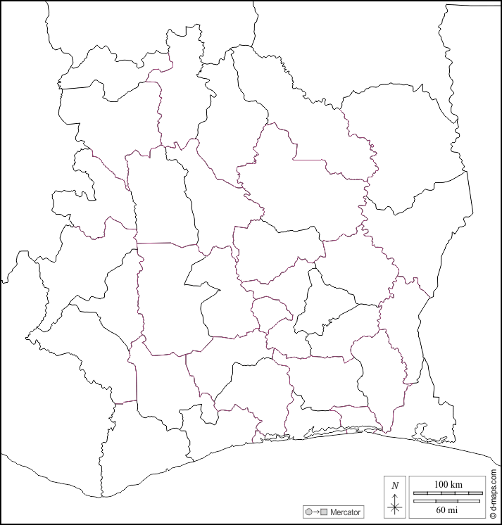 Costa d'Avorio : d-maps.com: mappa gratuita, mappa muta gratuita, cartina muta gratuita : frontiere, regioni, bianco