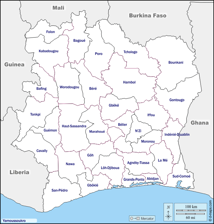 Costa d'Avorio : d-maps.com: mappa gratuita, mappa muta gratuita, cartina muta gratuita : frontiere, regioni, nomi