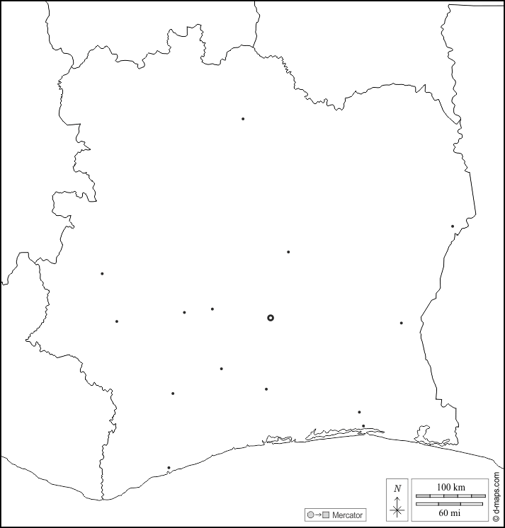 Elfenbeinküste : d-maps.com: Kostenlose Karten, kostenlose stumme Karte, kostenlose unausgefüllt Landkarte, kostenlose hochauflösende Umrisskarte : Grenzen, Wichtige Städte, weiß