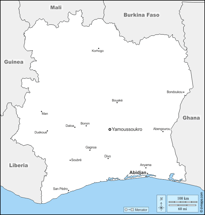 Elfenbeinküste : d-maps.com: Kostenlose Karten, kostenlose stumme Karte, kostenlose unausgefüllt Landkarte, kostenlose hochauflösende Umrisskarte : Grenzen, Wichtige Städte, Namen