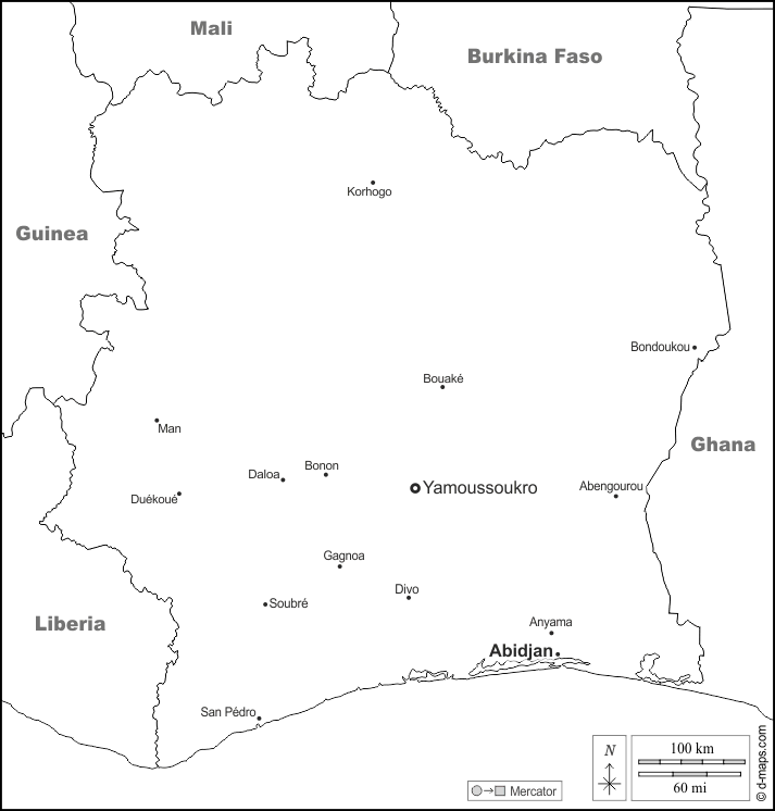 Costa de Marfil : d-maps.com: mapa gratuito, mapa mudo gratuito, mapa en blanco gratuito, plantilla de mapa : fronteras, principales ciudades, nombres, blanco