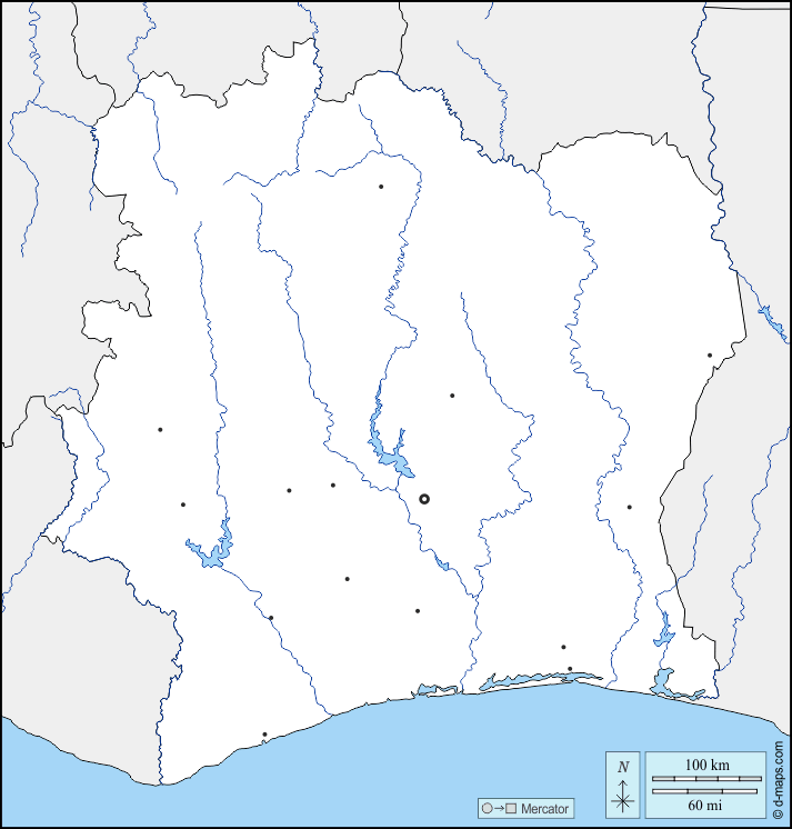Costa d'Avorio : d-maps.com: mappa gratuita, mappa muta gratuita, cartina muta gratuita : frontiere, idrografia, principali città