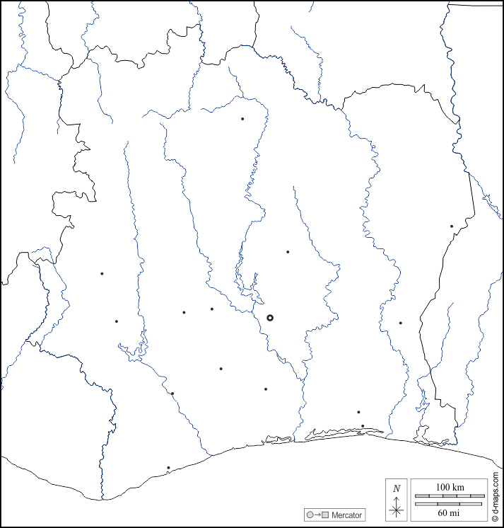 Costa d'Avorio : d-maps.com: mappa gratuita, mappa muta gratuita, cartina muta gratuita : frontiere, idrografia, principali città, bianco