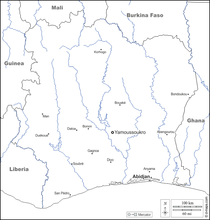 コートジボワール : d-maps.com: 無料地図, 無料の空の地図, 無料のアウトラインマップ, 無料のベースマップ
 : 境界, 川と湖, 主要都市, 名前, 白い