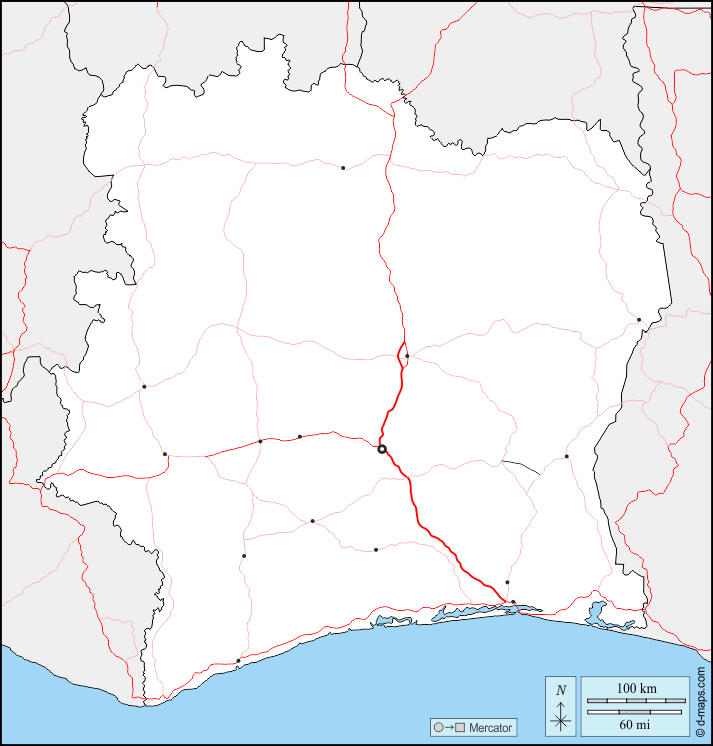 Кот-д’Ивуар : d-maps.com: Бесплатная карта, бесплатная карта, свободная карта, Бесплатная базовая карта
 : границы, Главные города, дорог