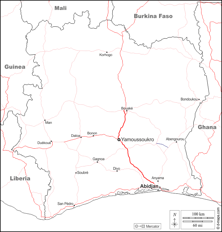 Costa do Marfim : d-maps.com: mapa livre, mapa em branco livre, mapa livre do esboço, mapa básico livre
 : fronteiras, principais cidades, estradas, nomes, branco