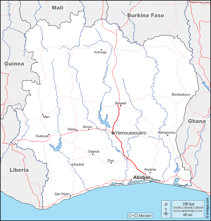 Costa d'Avorio : d-maps.com: mappa gratuita, mappa muta gratuita, cartina muta gratuita : frontiere, idrografia, principali città, strade, nomi