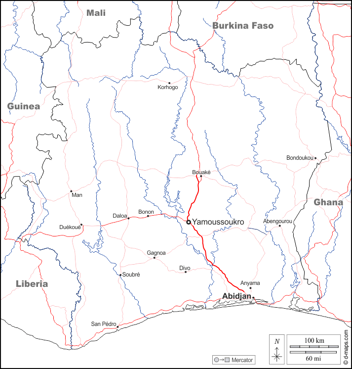 Costa d'Avorio : d-maps.com: mappa gratuita, mappa muta gratuita, cartina muta gratuita : frontiere, idrografia, principali città, strade, nomi, bianco
