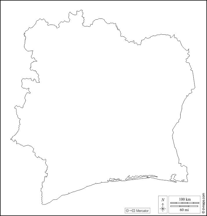 Costa d'Avorio : d-maps.com: mappa gratuita, mappa muta gratuita, cartina muta gratuita : contorni, bianco