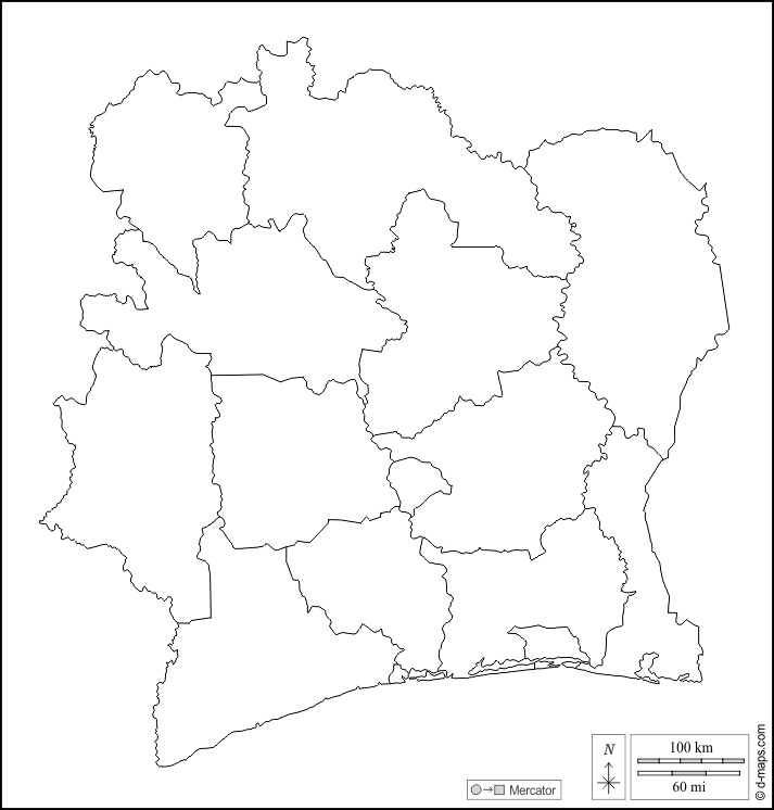 Costa d'Avorio : d-maps.com: mappa gratuita, mappa muta gratuita, cartina muta gratuita : contorni, distretti, bianco