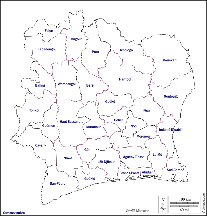 Costa d'Avorio : d-maps.com: mappa gratuita, mappa muta gratuita, cartina muta gratuita : contorni, regioni, nomi, bianco