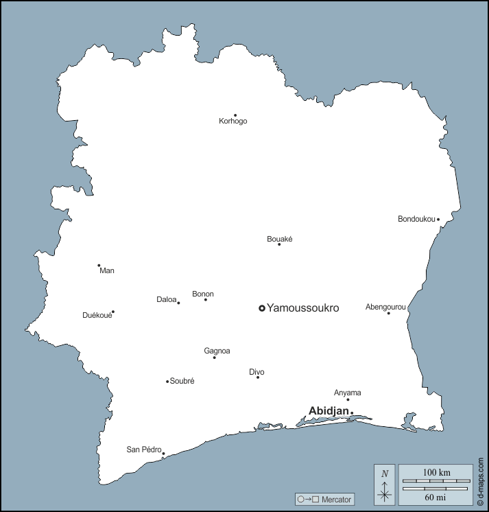 Costa d'Avorio : d-maps.com: mappa gratuita, mappa muta gratuita, cartina muta gratuita : contorni, principali città, nomi