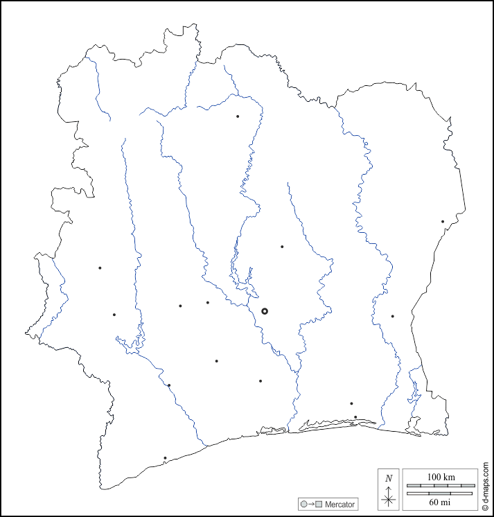 Costa d'Avorio : d-maps.com: mappa gratuita, mappa muta gratuita, cartina muta gratuita : contorni, idrografia, principali città, bianco