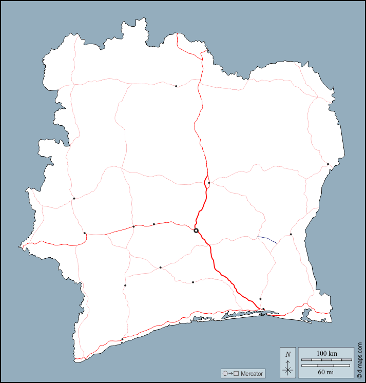 Costa d'Avorio : d-maps.com: mappa gratuita, mappa muta gratuita, cartina muta gratuita : contorni, principali città, strade