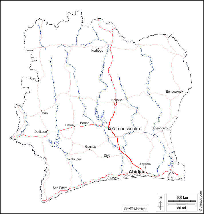 Costa d'Avorio : d-maps.com: mappa gratuita, mappa muta gratuita, cartina muta gratuita : contorni, idrografia, principali città, strade, nomi, bianco