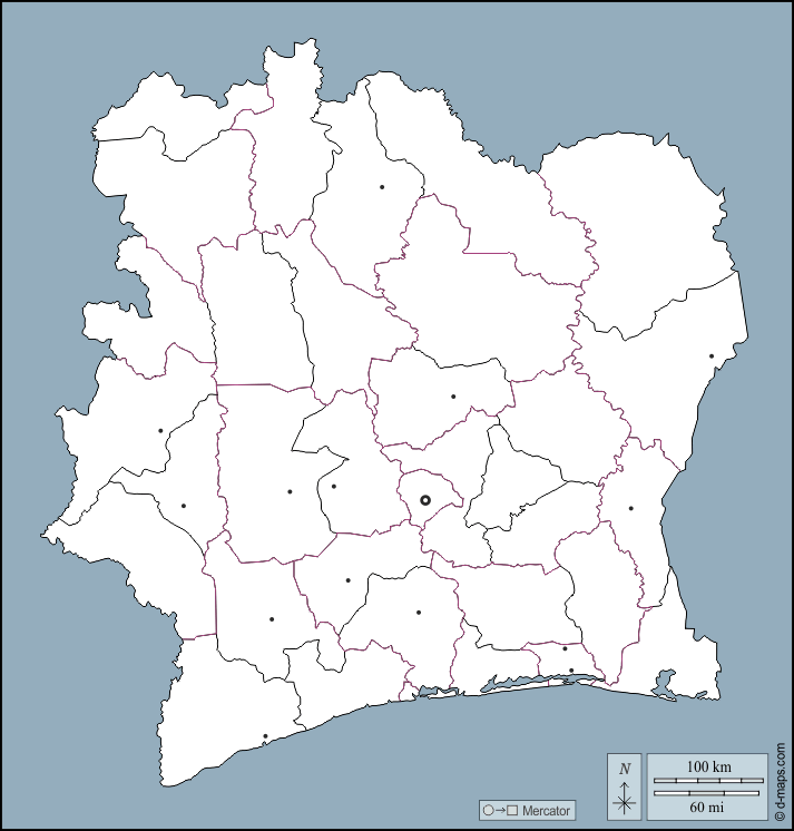 Costa d'Avorio : d-maps.com: mappa gratuita, mappa muta gratuita, cartina muta gratuita : contorni, regioni, principali città