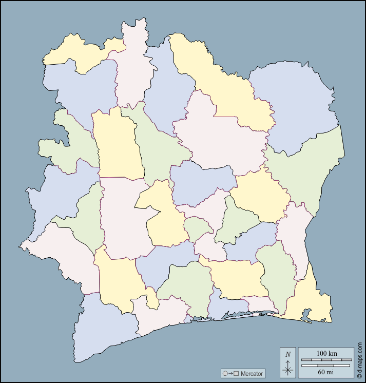 Costa d'Avorio : d-maps.com: mappa gratuita, mappa muta gratuita, cartina muta gratuita : contorni, regioni, colore
