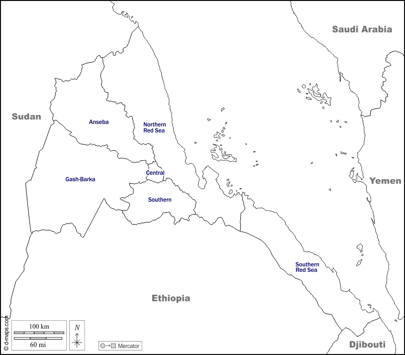 Eritrea : d-maps.com: mappa gratuita, mappa muta gratuita, cartina muta gratuita : frontiere, regioni, nomi, bianco