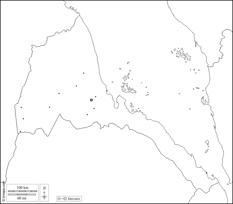 Eritrea : d-maps.com: mappa gratuita, mappa muta gratuita, cartina muta gratuita : frontiere, principali città, bianco