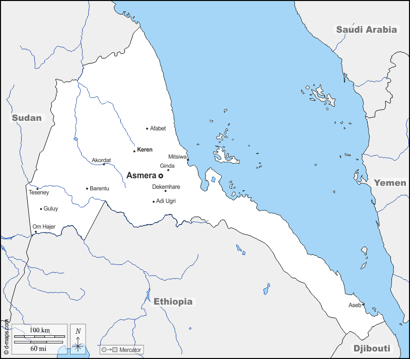 Eritrea : d-maps.com: mappa gratuita, mappa muta gratuita, cartina muta gratuita : frontiere, idrografia, principali città, nomi