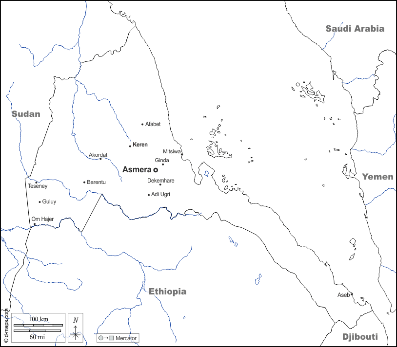 Eritrea : d-maps.com: mappa gratuita, mappa muta gratuita, cartina muta gratuita : frontiere, idrografia, principali città, nomi, bianco