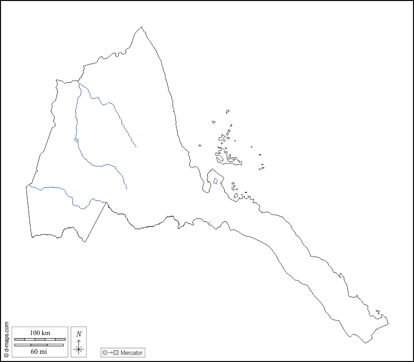 Eritreia : d-maps.com: mapa livre, mapa em branco livre, mapa livre do esboço, mapa básico livre
 : contornos, hidrografia, branco