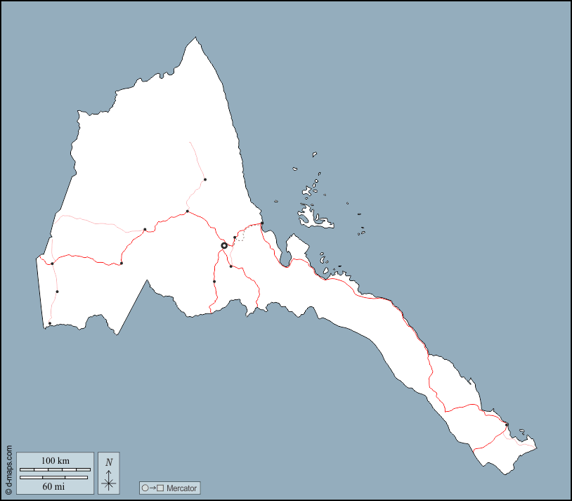 Eritrea : d-maps.com: Kostenlose Karten, kostenlose stumme Karte, kostenlose unausgefüllt Landkarte, kostenlose hochauflösende Umrisskarte : Umrisse, Wichtige Städte, Straßen