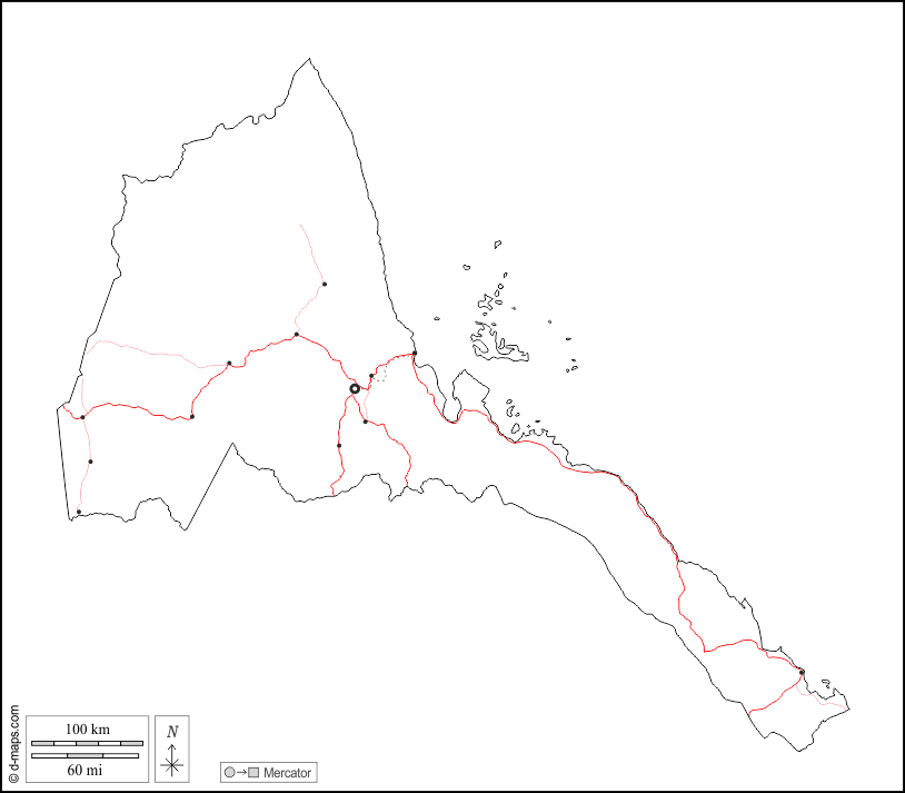 Eritrea : d-maps.com: mappa gratuita, mappa muta gratuita, cartina muta gratuita : contorni, principali città, strade, bianco