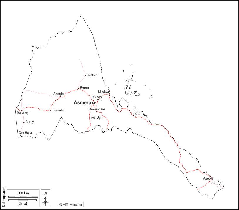 Eritrea : d-maps.com: mappa gratuita, mappa muta gratuita, cartina muta gratuita : contorni, principali città, strade, nomi, bianco