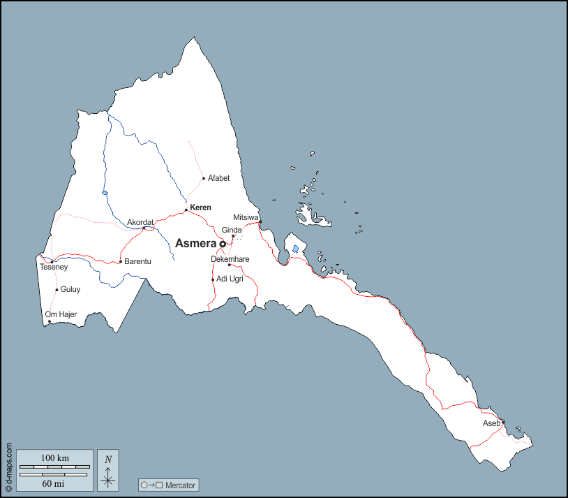 Eritrea : d-maps.com: Kostenlose Karten, kostenlose stumme Karte, kostenlose unausgefüllt Landkarte, kostenlose hochauflösende Umrisskarte : Umrisse, Hydrografie, Wichtige Städte, Straßen, Namen