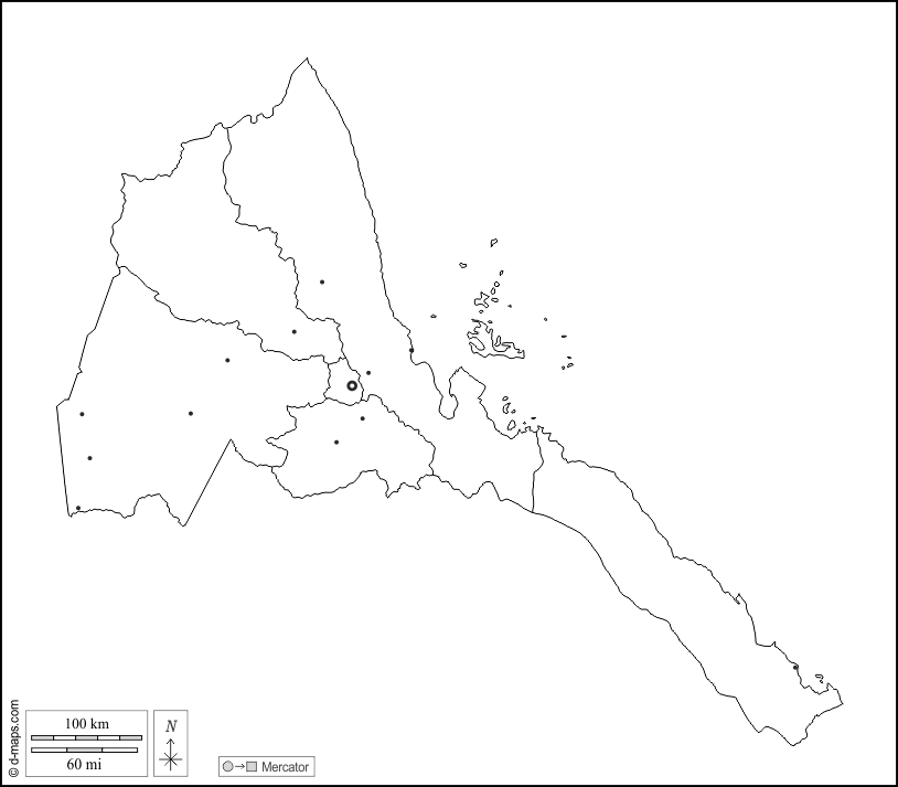 Eritrea : d-maps.com: Kostenlose Karten, kostenlose stumme Karte, kostenlose unausgefüllt Landkarte, kostenlose hochauflösende Umrisskarte : Umrisse, Regionen, Wichtige Städte, weiß