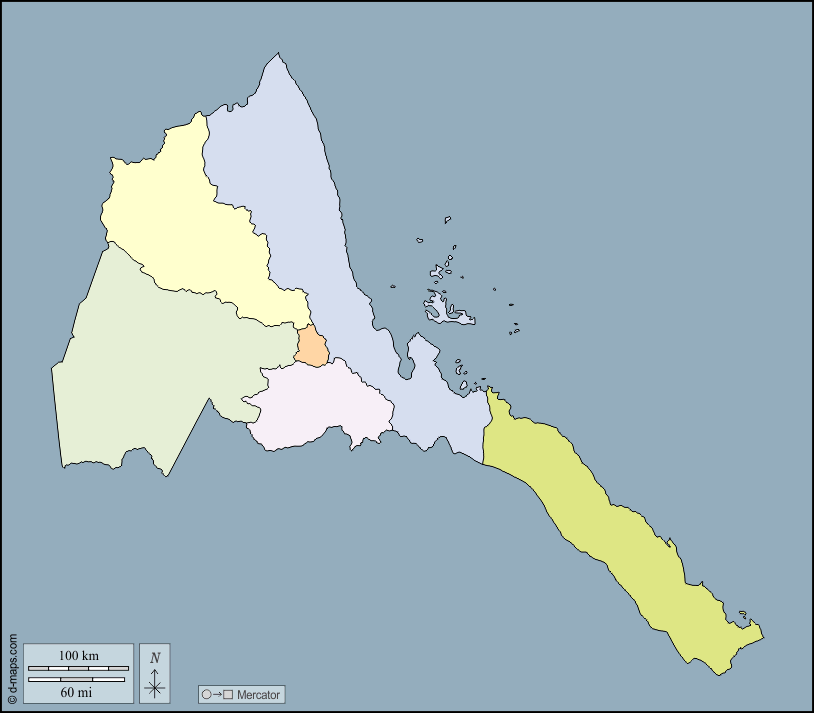 Eritrea : d-maps.com: mappa gratuita, mappa muta gratuita, cartina muta gratuita : contorni, regioni, colore