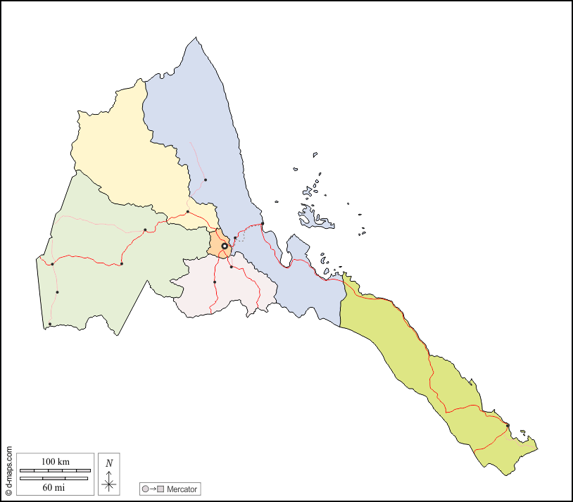 Eritrea : d-maps.com: mappa gratuita, mappa muta gratuita, cartina muta gratuita : contorni, regioni, principali città, strade, colore, bianco