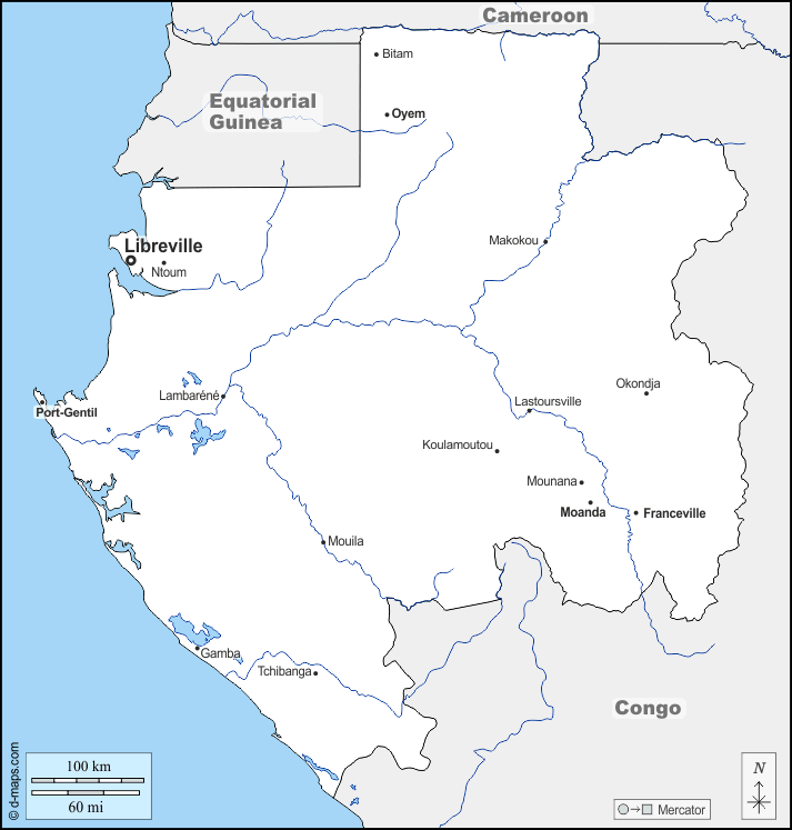 Gabon : d-maps.com: mappa gratuita, mappa muta gratuita, cartina muta gratuita : frontiere, idrografia, principali città, nomi