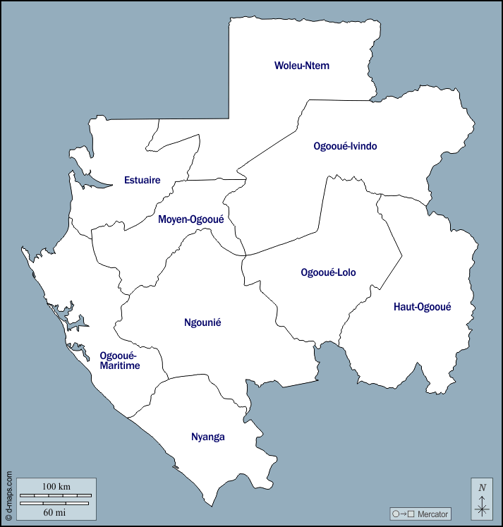 Gabón : d-maps.com: mapa gratuito, mapa mudo gratuito, mapa en blanco gratuito, plantilla de mapa : contornos, provincias, nombres