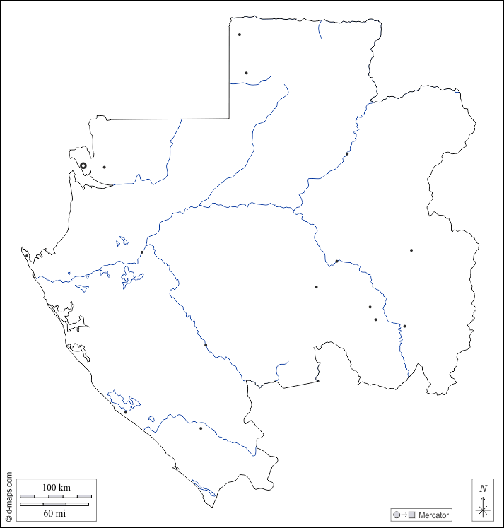 Gabun : d-maps.com: Kostenlose Karten, kostenlose stumme Karte, kostenlose unausgefüllt Landkarte, kostenlose hochauflösende Umrisskarte : Umrisse, Hydrografie, Wichtige Städte, weiß
