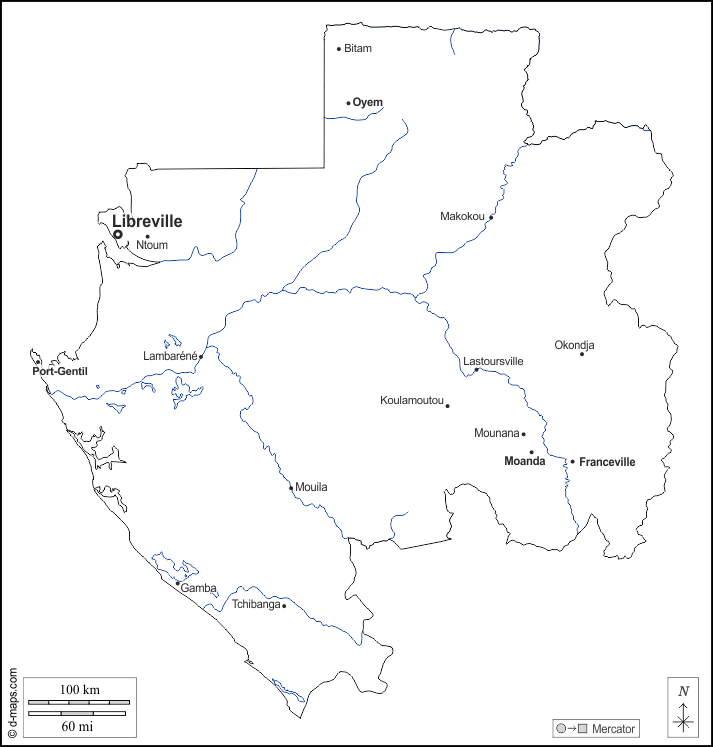 Gabon : d-maps.com: mappa gratuita, mappa muta gratuita, cartina muta gratuita : contorni, idrografia, principali città, nomi, bianco