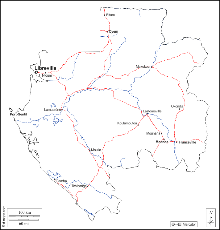 Gabun : d-maps.com: Kostenlose Karten, kostenlose stumme Karte, kostenlose unausgefüllt Landkarte, kostenlose hochauflösende Umrisskarte : Umrisse, Hydrografie, Wichtige Städte, Straßen, Namen, weiß