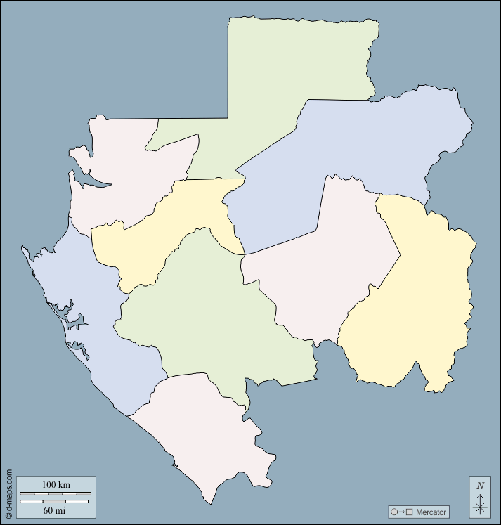 Gabon : d-maps.com: mappa gratuita, mappa muta gratuita, cartina muta gratuita : contorni, province, colore