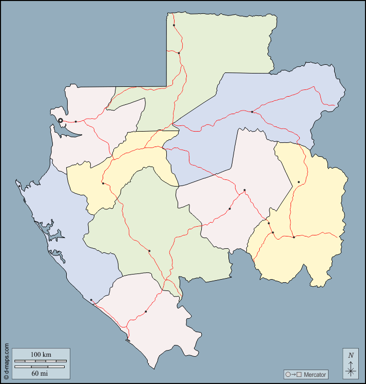 Gabon : d-maps.com: mappa gratuita, mappa muta gratuita, cartina muta gratuita : contorni, province, principali città, strade, colore
